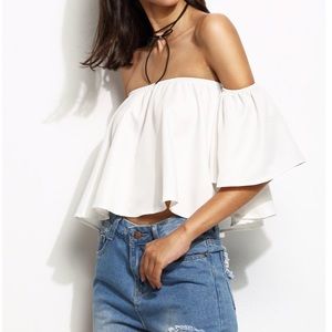 White Off the Shoulder Ruffle Crop Top